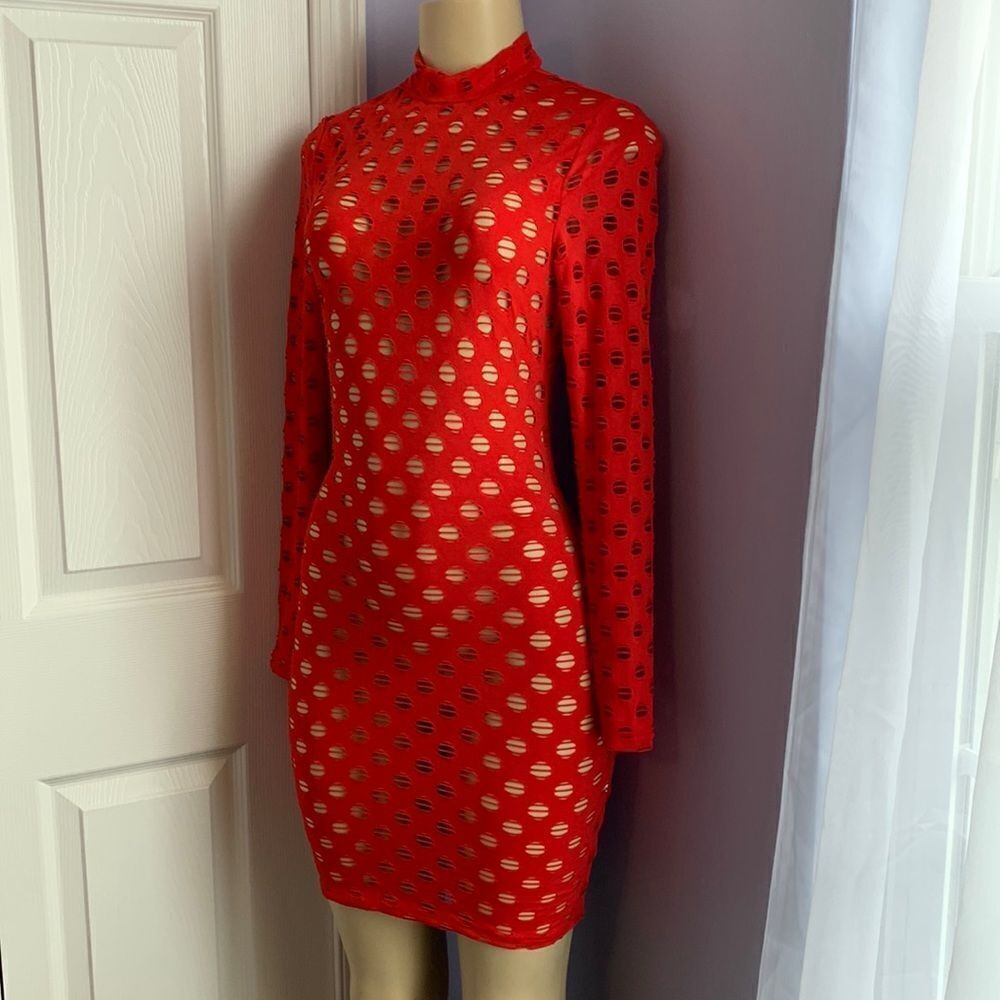 Designer Fitted Bodycon Cover Up FISHNET Sexy Dress Red XS